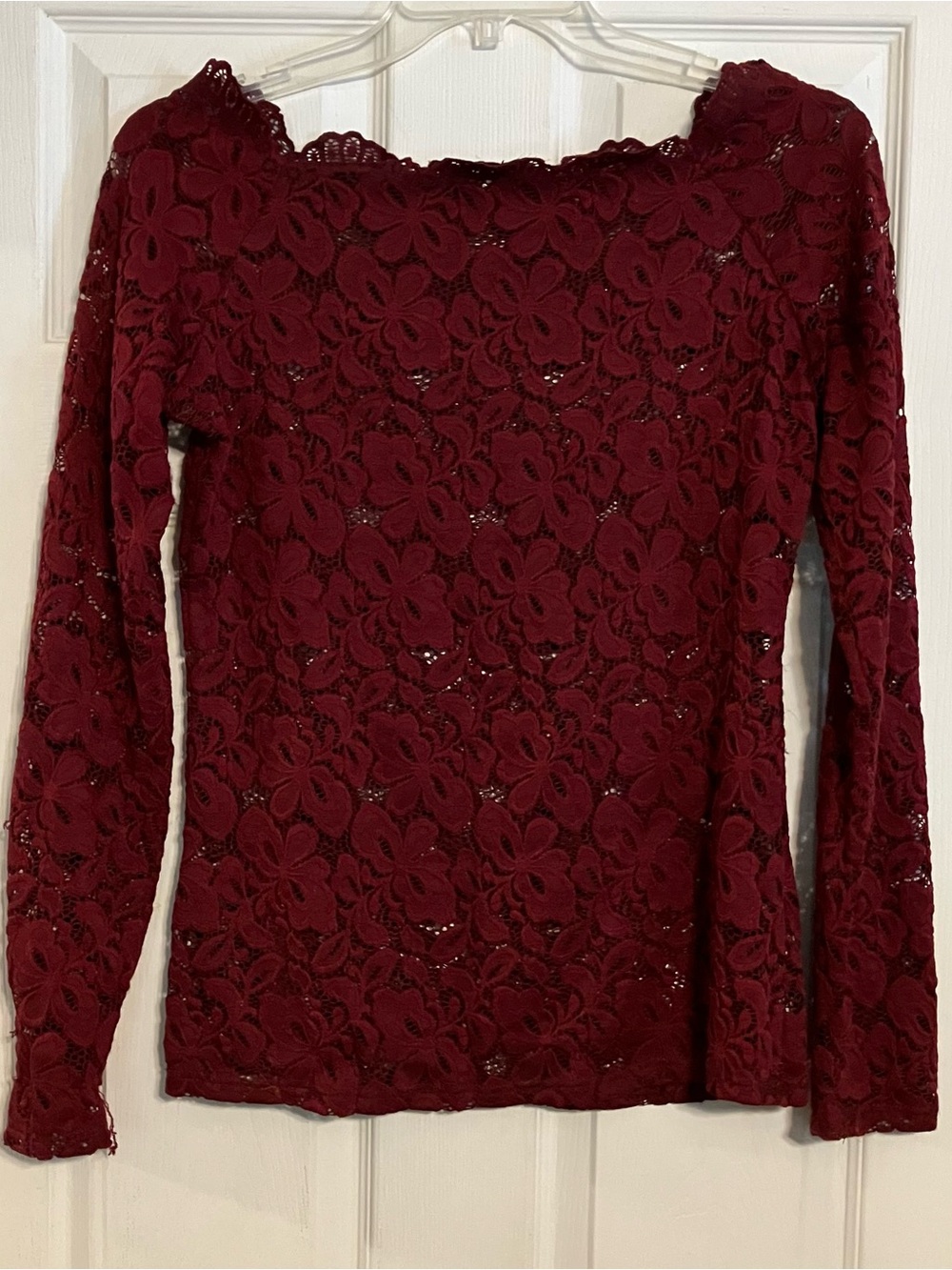 Floral Lace Top Long-Sleeve Boat Neck Blouse Burgundy Wine XL